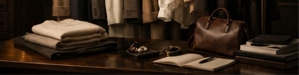 a dimly lit room with clothes and accessories ready for a personal styling session in london.